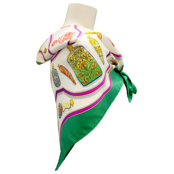 Hermes Green Multi Qu'Importe Le Flacon Print Square Silk Twill Scarf - Picture 2 of 11